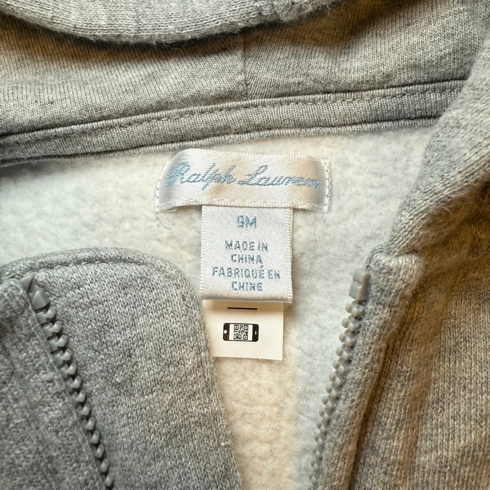 Ralph‎ Lauren Baby Boys Heather Gray Full Zip Fleece Hoodie 9M Pony Logo